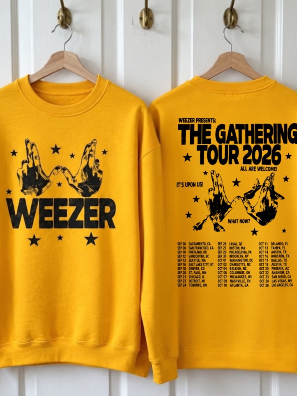 Weezer The Gathering Tour 2026 Fingers Stars Music Vintage Yellow Sweatshirt